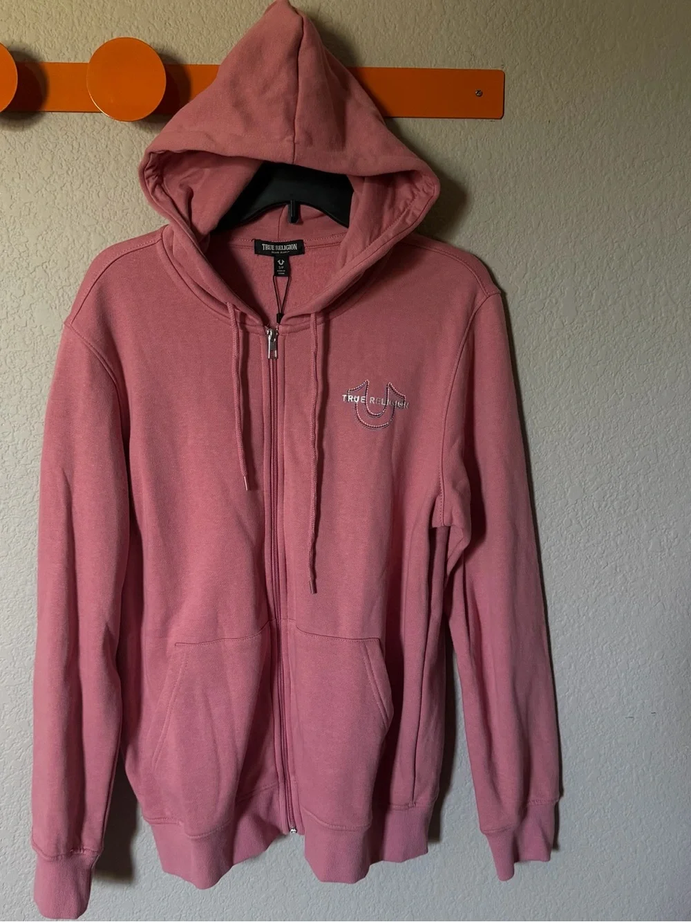 TRUE RELIGION Mens Small Zip Up Hoodie Pink Brandied Apricot Pockets NWT $118
